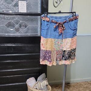#103 NWT Young Threads Floral Denim Skirt with Plaid Patch Details Woman Size M